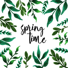 Watercolor green leaves composition. Springtime typography