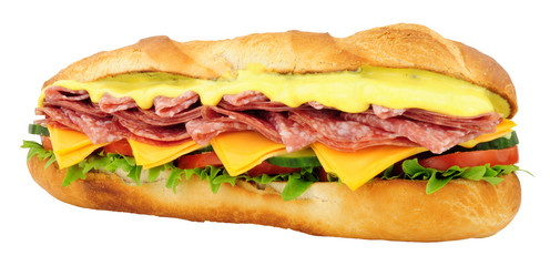 Salami and cheese filled baguette sandwich with fresh salad and mayonnaise isolated on a white background