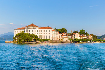 Fototapeta na wymiar Stresa, Lake Maggiore, Italy, 05 July 2017. View of Renaissance palace Borromee; Stresa, on Lake Maggiore, Piedmont, Italy