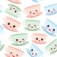 Seamless pattern Cute blue pink green Kawai cup, coffee tea with pink cheeks and winking eyes, pastel colors on white background. Vector