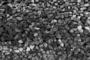 Pile of cut wood as background, texture. Firewood, black and white image