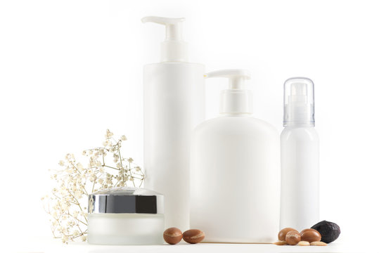Argan products on white background