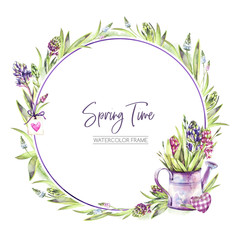 Hand painted round frame with Hyacinths flowers, leaves and watering can. Spring rustic watercolor illustration in violet shades. Horticulture hobby. Can be used for a poster, wedding desings.