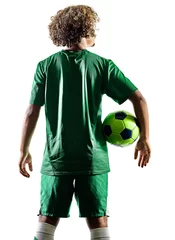 Fotobehang one mixed race young teenager soccer player man playing  in silhouette isolated on white background © snaptitude