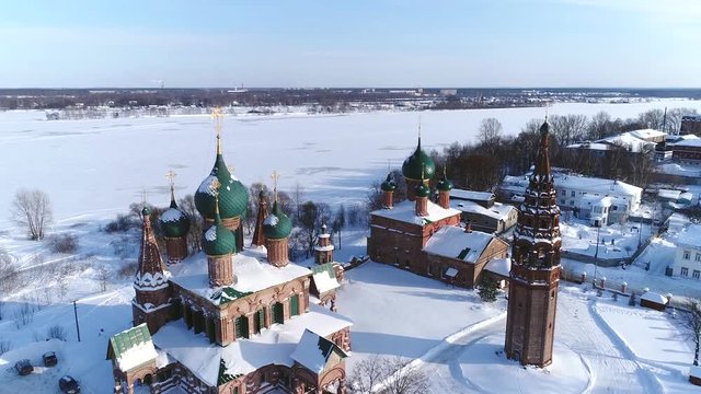 View from the height of the temple complex in winter. Zlatoust Church and Vladimir Church. Yaroslavl, Korovniki.