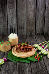 Thai food deep fried beef slice with herbs, Esan food, Thai Food, Selective focus