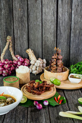 Thai food deep fried beef slice with herbs, Esan food, Thai Food, Selective focus