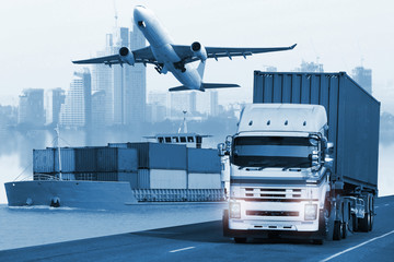 Transportation, import-export and logistics concept, container truck, ship in port and freight cargo plane in transport and import-export commercial logistic, shipping business industry