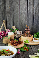 Thai food deep fried beef slice with herbs, Esan food, Thai Food, Selective focus