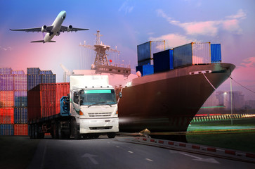 Transportation, import-export and logistics concept, container truck, ship in port and freight...