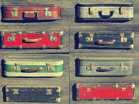 Background Texture. Old Retro Vintage Suitcases Valise On Wooden Boards. Collecting Gathering In Way Of Vacation Road And Travel