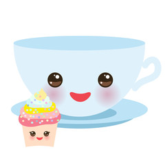 Cute light blue Kawai cup, cupcake isolated on white background. Vector