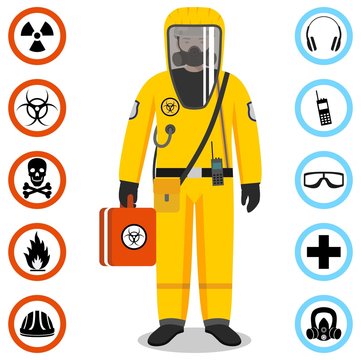 Industry concept. Detailed illustration of worker in yellow protective suit. Safety and health vector icons. Set of signs: chemical, radioactive, dangerous, toxic, poisonous, hazardous substances.