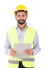 an engineer holds a clipboard