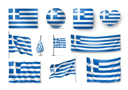 Set Greece flags, banners, banners, symbols, flat icon. Vector illustration of collection of national symbols on various objects and state signs