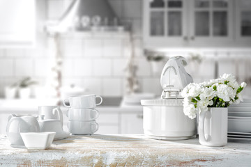 white wooden kitchen with a kitchen mixer and space for an advertising product  