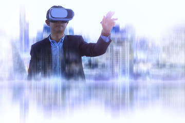 Double exposure man wearing virtual reality goggles in modern city with VR headset for digital business in the blue tone