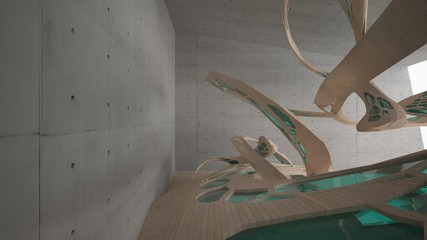 Abstract  concrete and wood parametric interior  with window. 3D illustration and rendering.