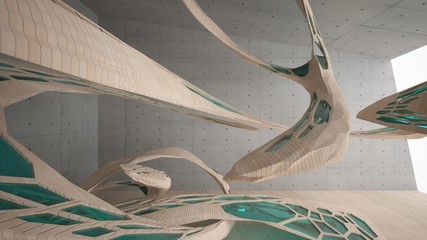 Obraz premium Abstract concrete and wood parametric interior with window. 3D illustration and rendering.