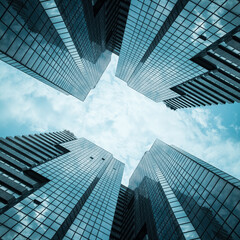 Obraz na płótnie Canvas glass reflective office buildings against blue sky with clouds and sun light.