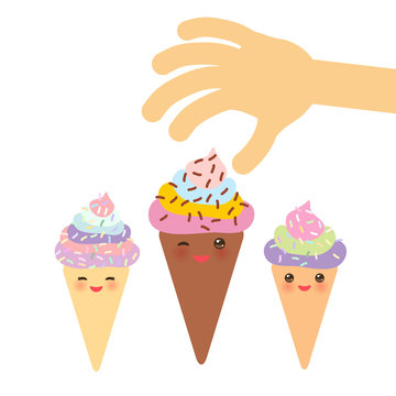 Banner template for your text, Card design with Ice cream waffle cone Kawaii funny muzzle with pink cheeks and winking eyes, pastel colors on white background. Vector
