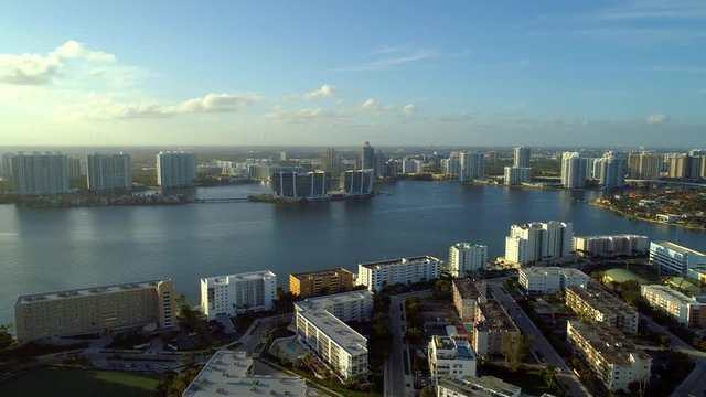 Aerial drone footage Prive Island Aventura Intracoastal Waterway dusk