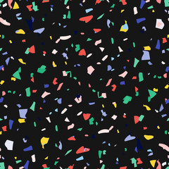 Vector terrazzo floor seamless pattern. Fashion marble abstract on black background. Hand drawn pop art confetti in memphis style.