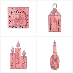 Pink watercolor set with candles ,lanterns ,fireplace and floral elements