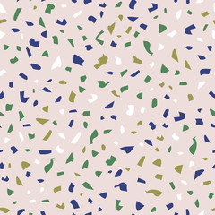 Vector terrazzo floor seamless pattern. Fashion marble abstract on pink background. Hand drawn pop art confetti in memphis style.