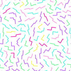 Hand drawn colorful abstract confetti seamless pattern. Pop art fashion festival abstract background in memphis style.