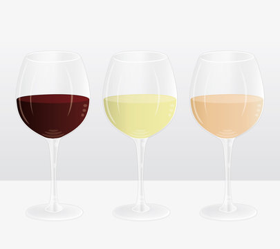 Three wine glasses filled with red, white and rosé wine. Vector marketing presentation.