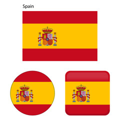 Flag of Spain. Correct proportions, elements, colors. Set of icons, square, button. Vector illustration on white background.