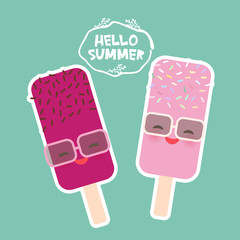 Hello Summer set ice cream, ice lolly Kawaii with sunglasses pink cheeks and winking eyes, pastel colors on light blue background. Vector