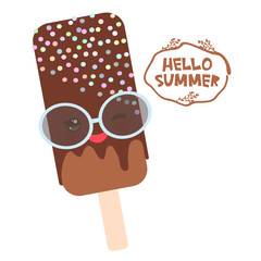 Hello Summer ice cream, ice lolly brown chocolate, Kawaii with sunglasses pink cheeks and winking eyes, pastel colors on white background. Vector
