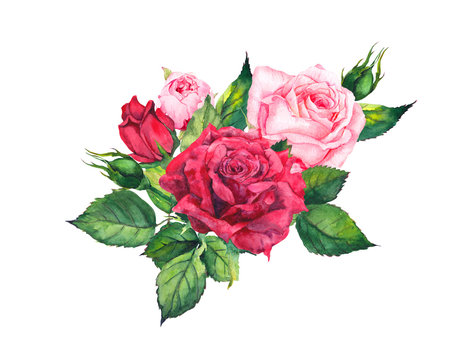Red roses - floral composition. Watercolor for wedding card