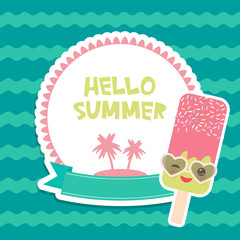 Hello Summer chocolate ice cream, ice lolly, Kawaii with sunglasses pink cheeks and winking eyes, pastel colors card design, banner template palm island on blue waves sea ocean background. Vector