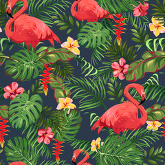 Seamless pattern with leaves of palm trees, exotic flowers and flamingo © Hmarka