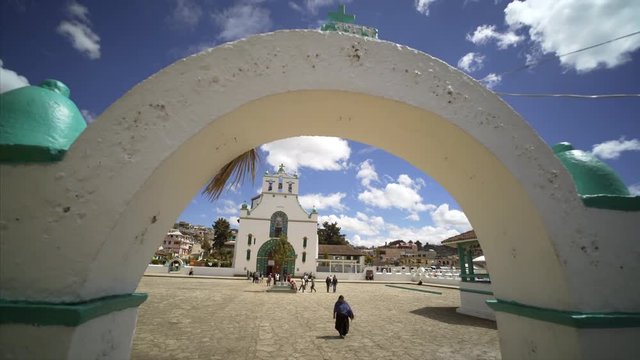 14 February 2017 Mexico, Chamula. wide angle view, motion shot walking on square before San Juan Chamula Church in colonial town Chamula