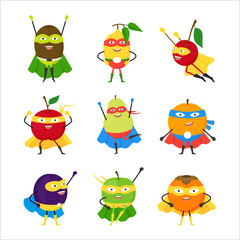 Cartoon Vegetables Superhero Characters Icon Set. Vector