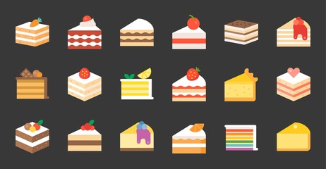 Set of cake, tiramisu, cheese cake, red velvet, orange, carrot, chocolate, mocha, crepe and rainbow cake, layer cake, flat icon