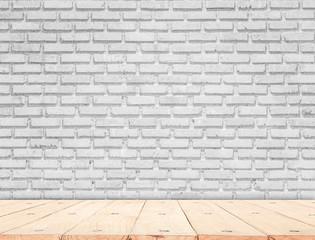 white brick wall background and wood floor background. background for display product or text