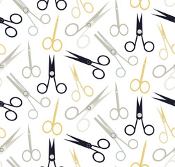 Seamless vector pattern with scissors for hair, for manicure, for beard. Scissors of different shape and length. Seamless pattern vector.