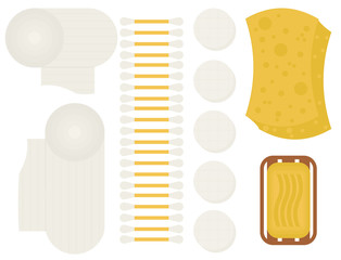 A collection of cotton pads, paper towels, toilet paper, cotton buds for the ears, a sponge and soap on a white background. Vectoe clean simple set.