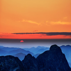 Sunset in mountains, beautiful layers of hills