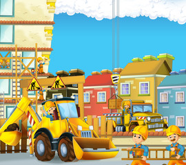 cartoon scene of a construction site with different heavy machines and working men