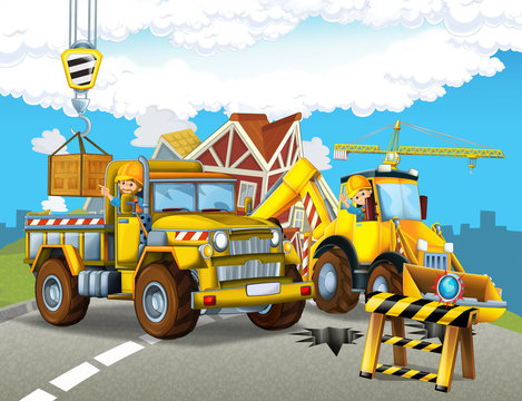 cartoon scene with funny construction site car - illustration for children