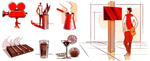 Man and objects. Screen, movie camera, cocktail, coffee, cigarette, graphic illustration