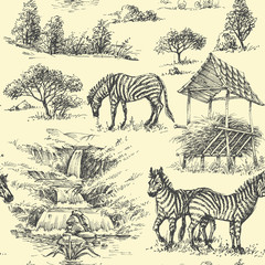 Nature seamless pattern. Zebra and wilderness, safari background