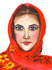 girl in red national russian scarf on white background with watercolor