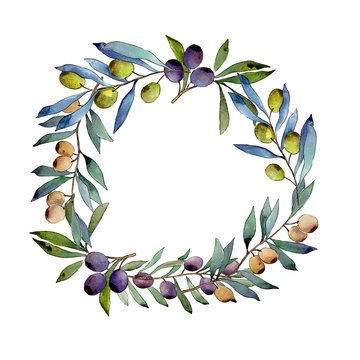 Olive tree wreath in a watercolor style. Full name of the plant: Branches of an olive tree. Aquarelle olive tree for background, texture, wrapper pattern, frame or border.